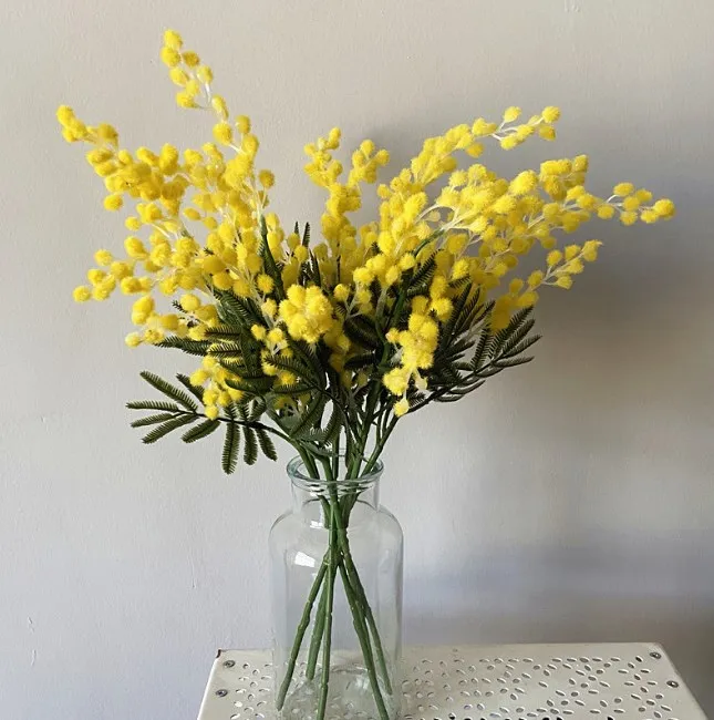 Multi sizes artificial acacia flower flocking mimosa spray artificial yellow flower for DIY home wedding table decoration