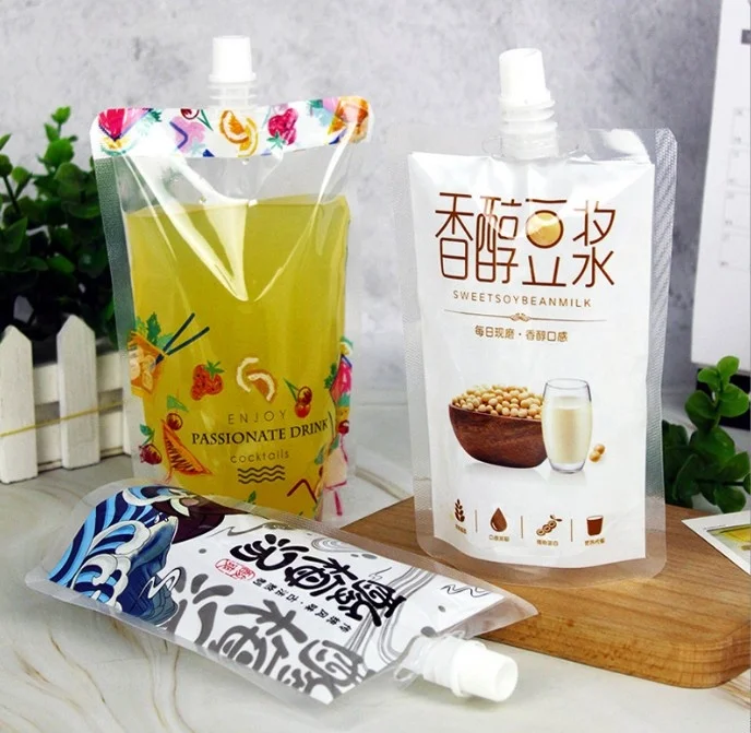 Custom Logo Printed Beverage Pouch Bag Standup Plastic Juice Drink Pouch Spout Type for Milk Soya Milk