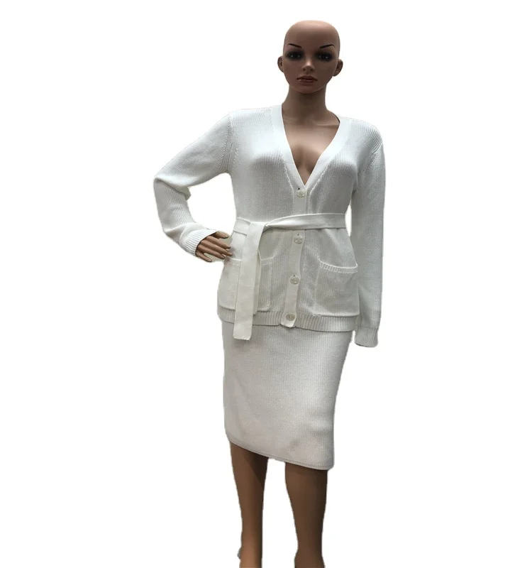 Factory wholesale knitwear suits spring summer autumn High quality knit cardigan + skirt 2 pieces sets for women