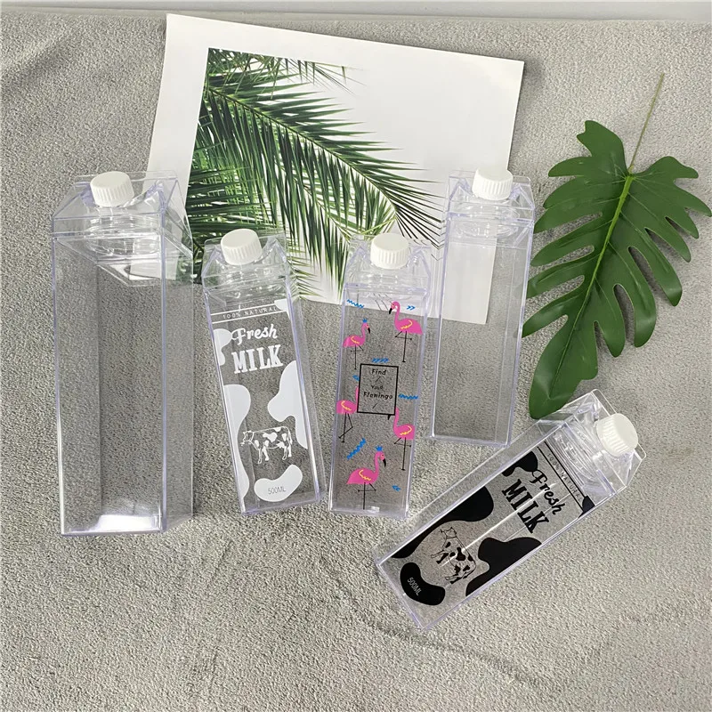 17oz 500ml 34oz 1000ml Milk Carton  Milk Carton Shaped Double Wall Clear acrylic plastic Milk Bottles with Screw cover