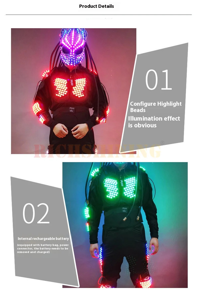 RICHSHINING Remote control LED colorful laser rechargeable luminous armor suit Nightclub Bar Light Show Helmet for cosplay Party