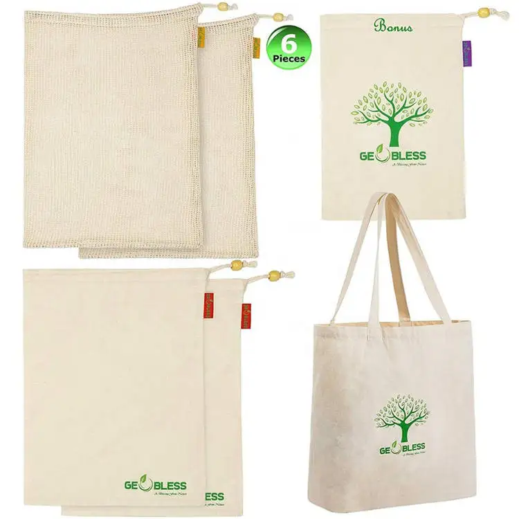 Reusable Produce Bags GOTS Certified Organic Cotton Muslin Net Mesh and Eco-Friendly Canvas Tote Bag