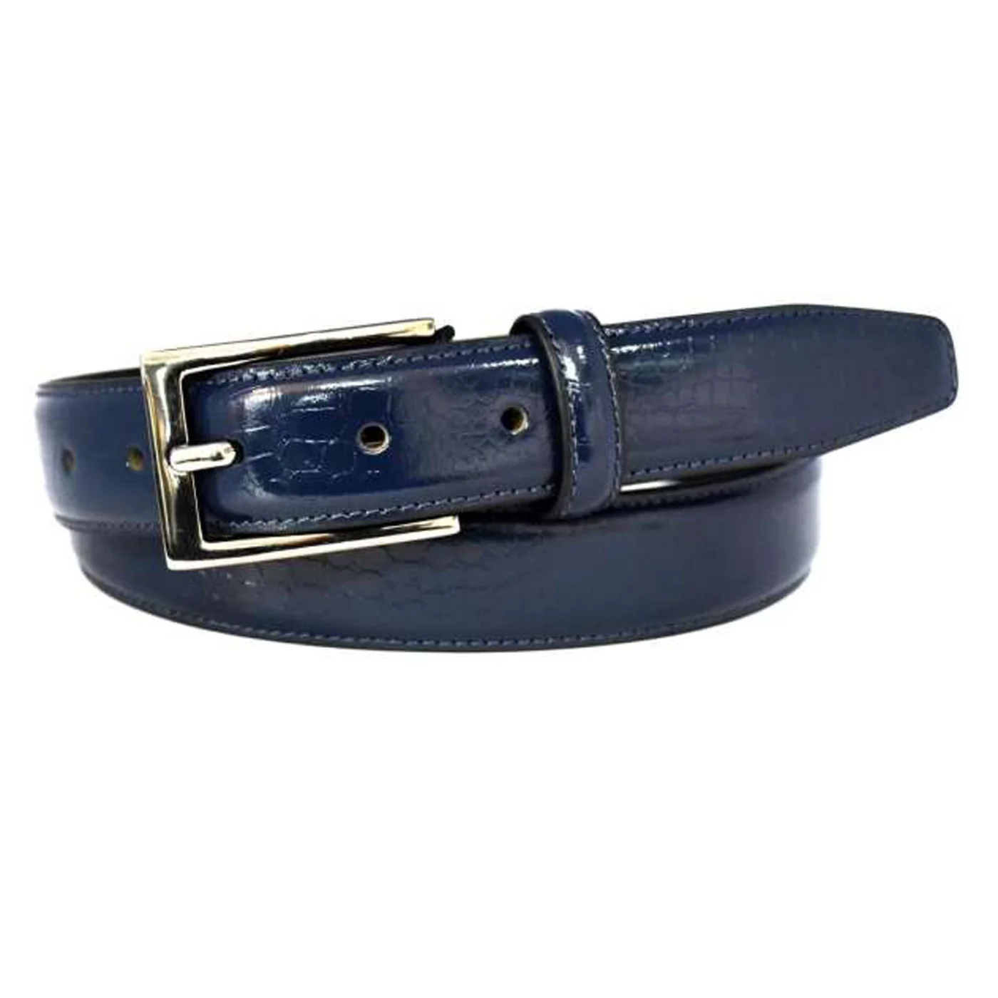 High Quality - Formal Leather Profile Belts for Ladies - Zinc Allow Buckle - Shiny Croc Embossed Blue