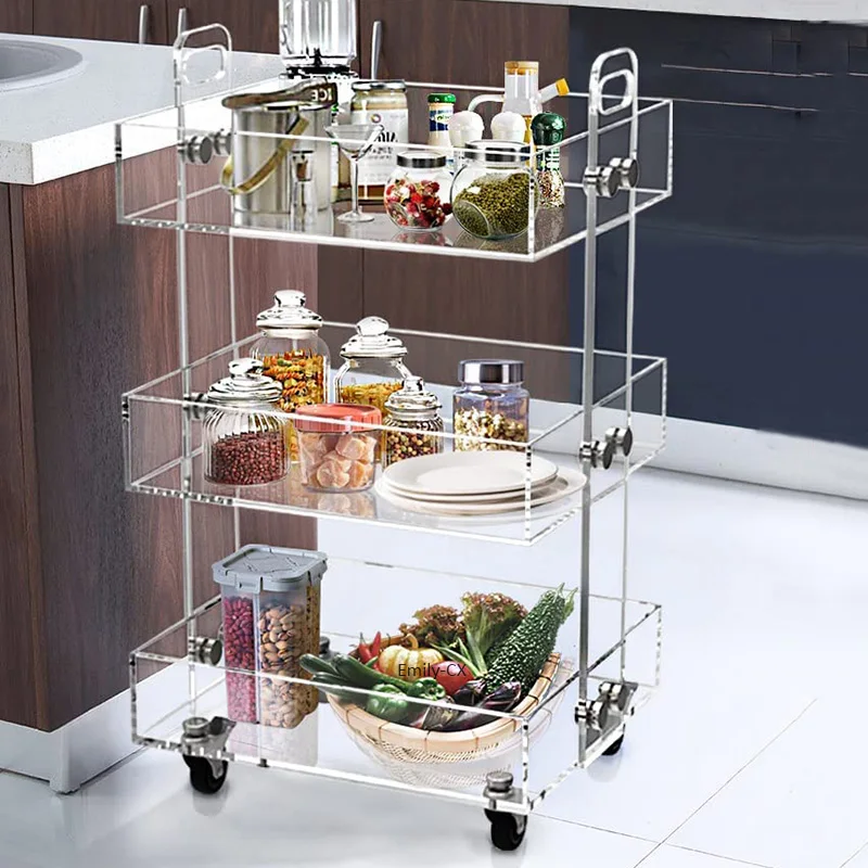 2022 Kuwait Stable Quality 3 Shelves Clear Acrylic Lucite Serving Cart Hotel Rolling Trolley Cart For Food Serving