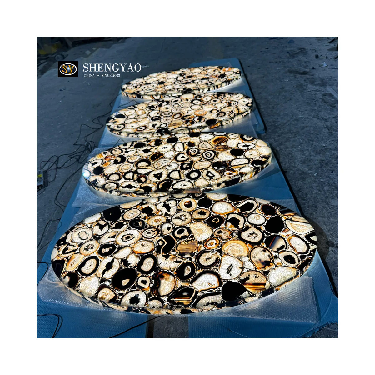 Custom Backlit Furniture Natural Crystal Onyx Black Agate Stone Table Top With Led Light