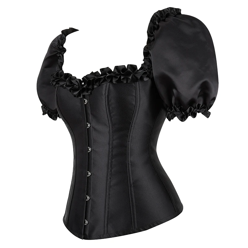 satin overbust puff sleeves 12 plastic bones Party date court corset belly bustier busk korsette plus size