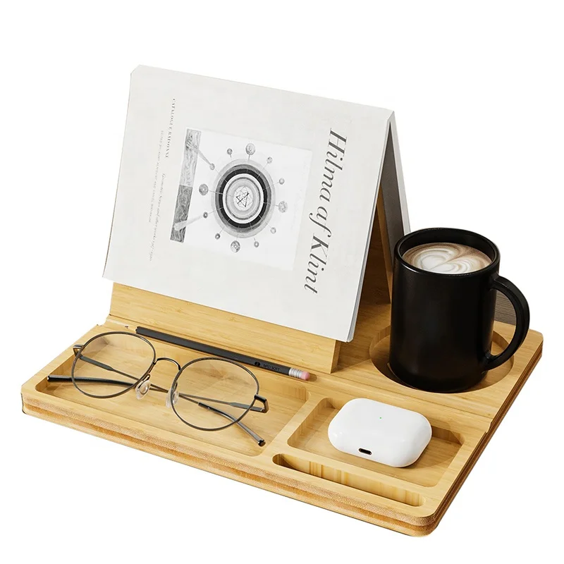 Bamboo Multipurpose Organizer Book Stand Holder with Resting Feature for Glasses and Pens Bookends