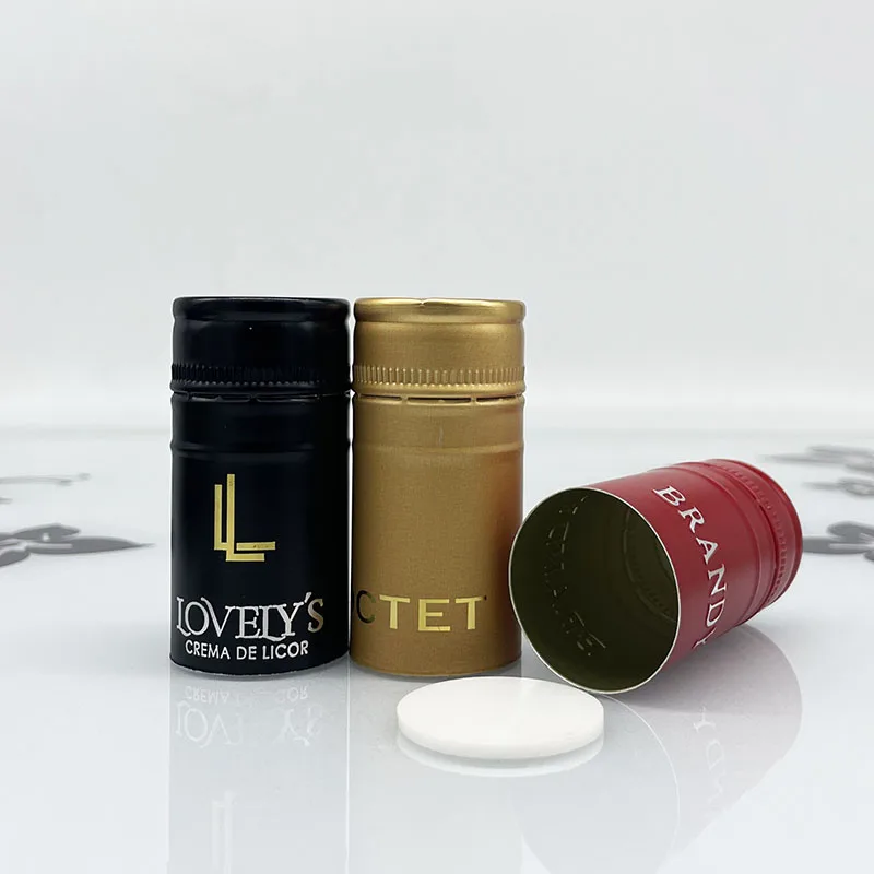 Hot sale Customized embossed logo 30X60 mm aluminum liquor whiskey rum gin glass bottle ROPP caps with saran tin saranex liner