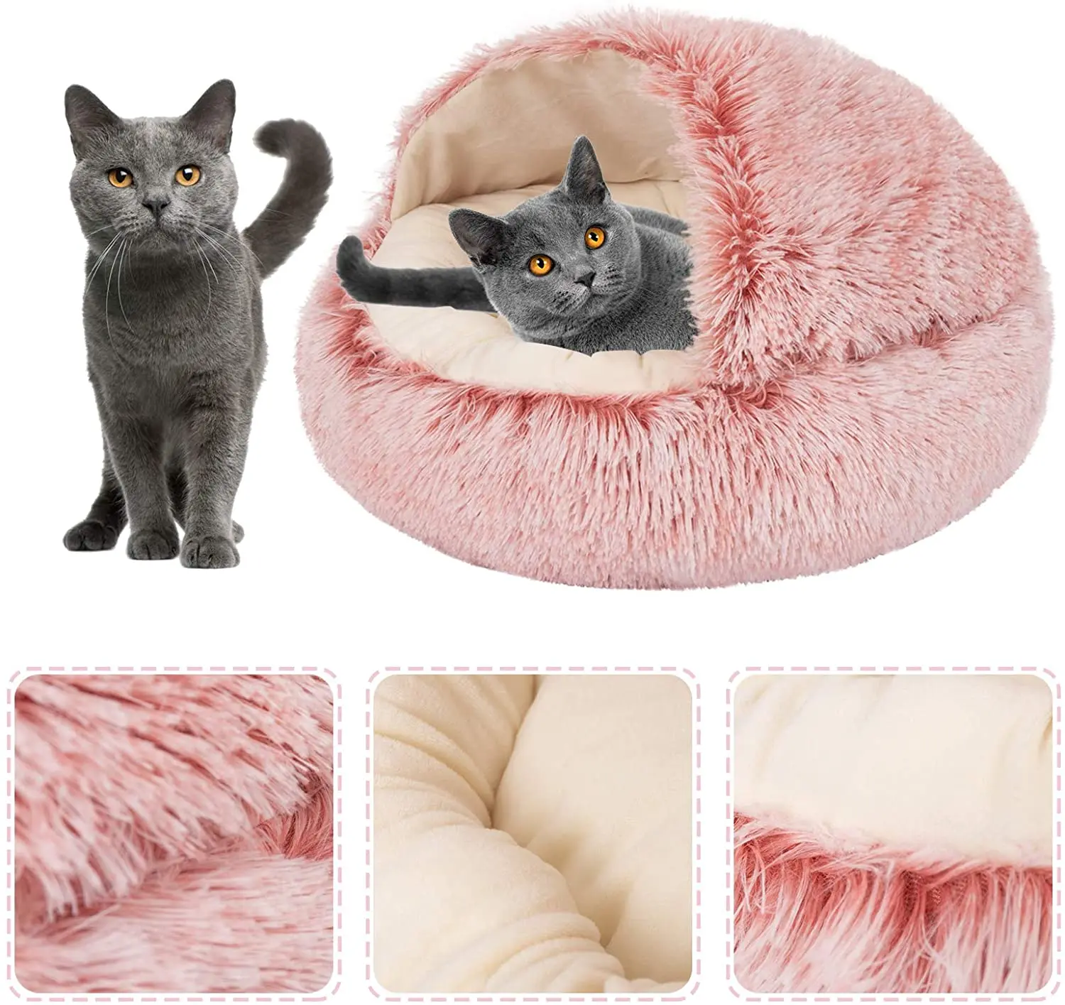 Modern pink semi-enclosed non slip luxury fluffy warm sleeping soft round donut sofa pet dog cat bed for indoor