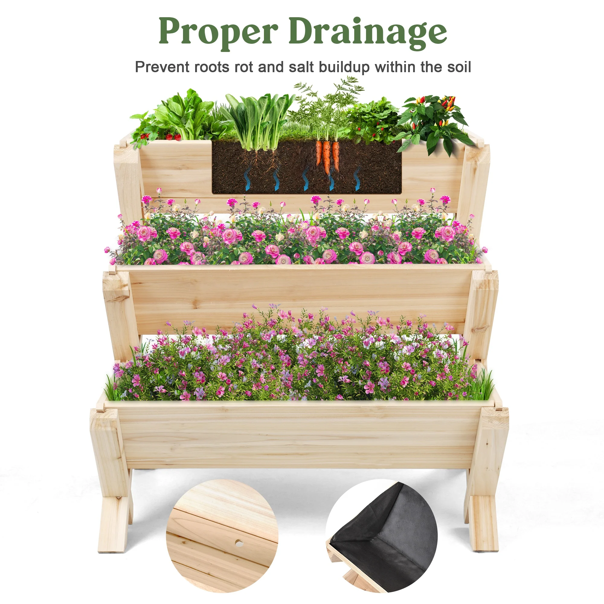 Raised Beds Kit for Flower 3 Tiers Wooden Vertical Raised Garden Bed with Legs Garden Freestanding Raised Garden Bed Planter Box