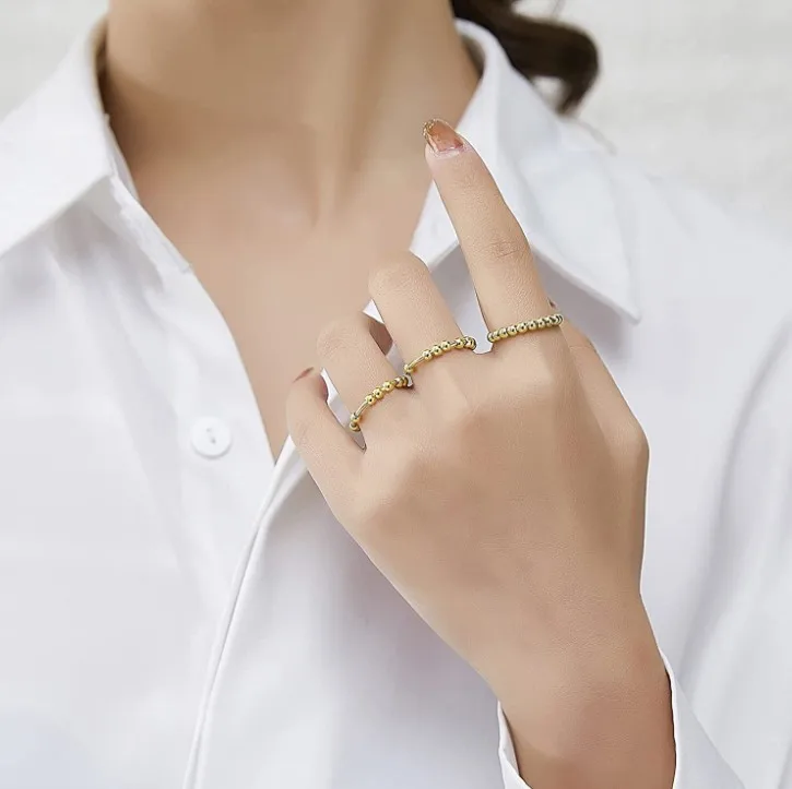 Trendy Jewelry Anti Anxiety Ring Stainless Steel 18k Gold Plated Tiny Beads Fidget Spinner Ring For Women Men