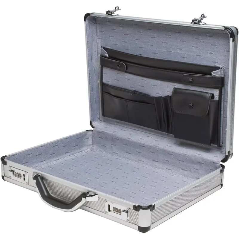 Silver Aluminum Briefcase Aluminum Attache Case with File Board Laptop Safety Storage Box with Combination Locks