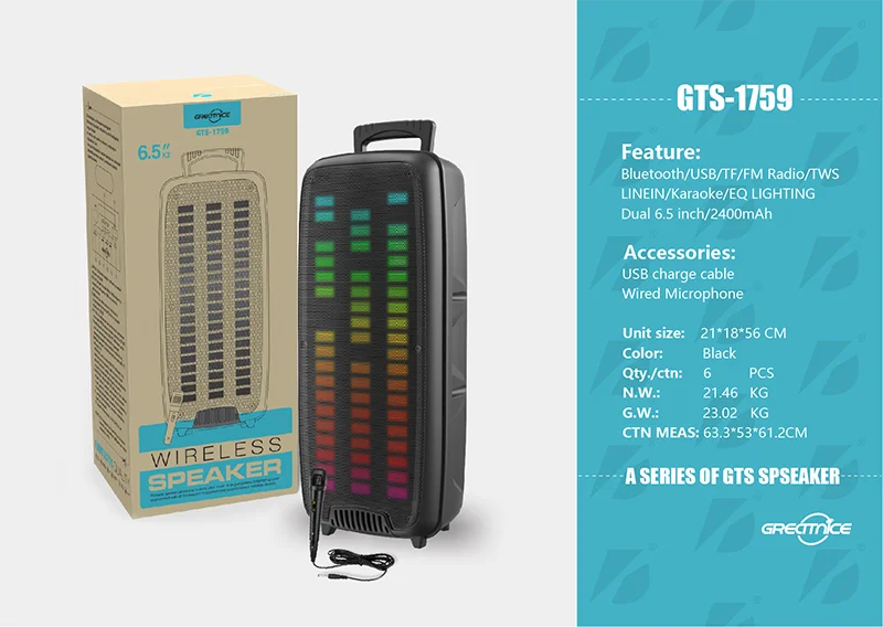 GTS-1759 New Dual 6.5 Inch Portable Big Size Speaker Outdoor Bluetooth Karaoke Caixa De Som Parlantes Speaker KTS