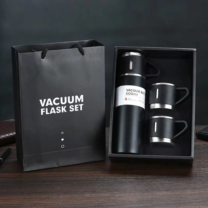 Оптовая продажа термос вакуумная фляжка для воды из нержавеющей стали подарочный набор с 3 стальными чашками
