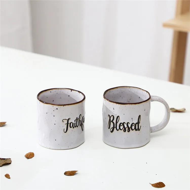 
Wholesale custom letter pattern logo cheap spot decorative tea milk breakfast cup grey porcelain coffee mug with handle 