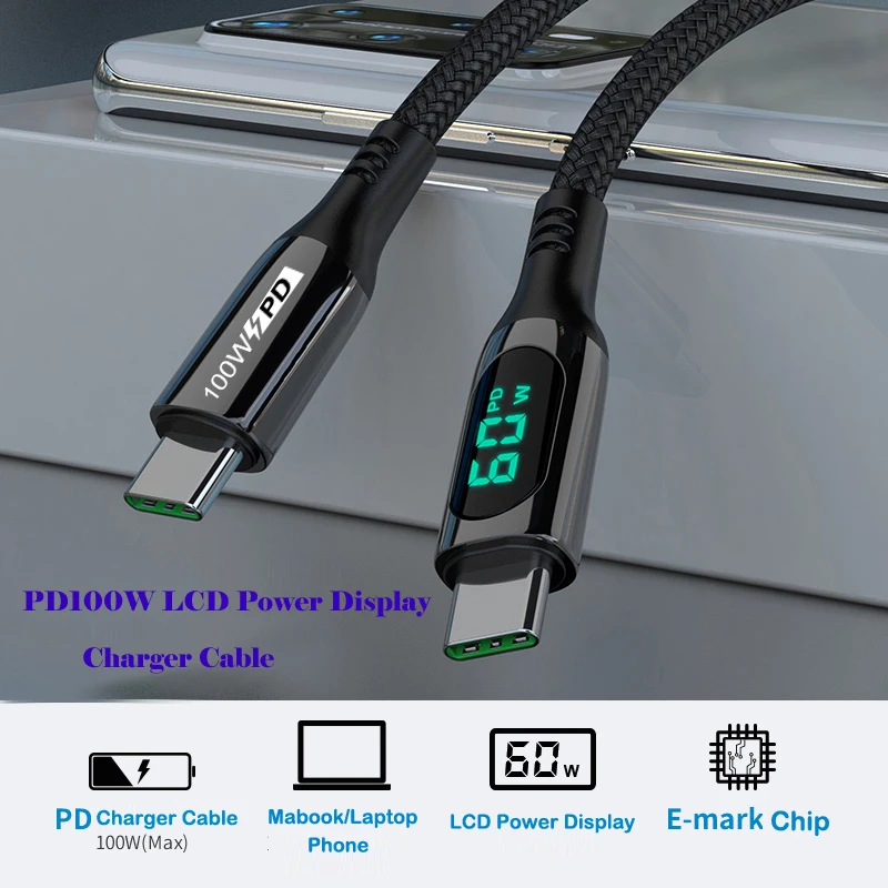  Блок питания 5A PD 100 Вт для ноутбука смартфона 20 в 5 А кабель быстрой зарядки с дисплеем отображение напряжения тока режиме реального