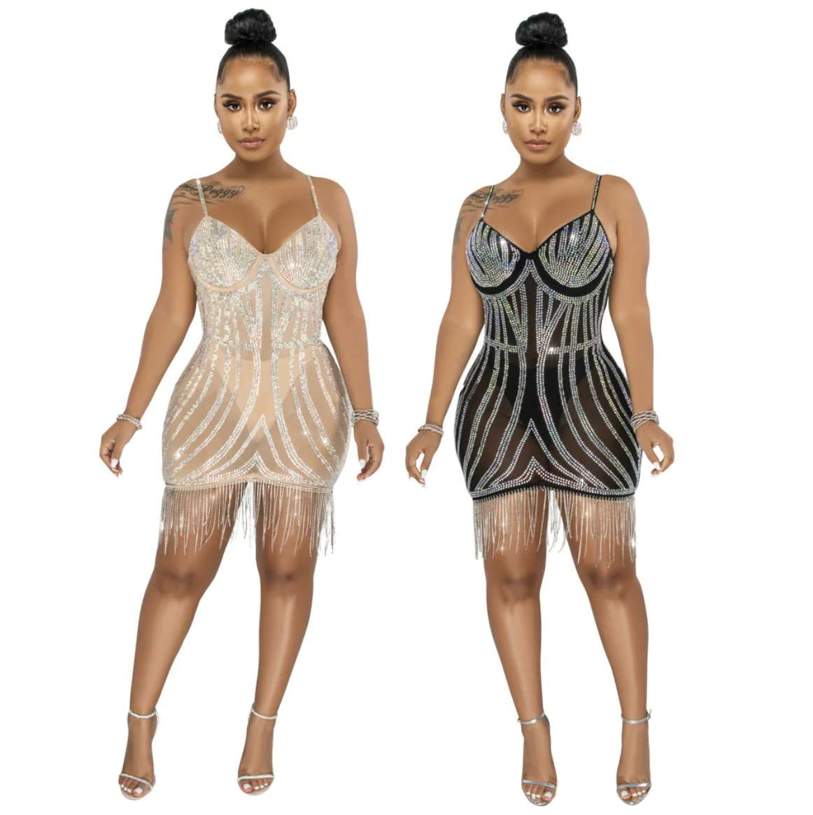 Rhinestone Dress Sparkly Casual Mesh Halter Backless Dresses Hollow Dresses Women Lady Elegant