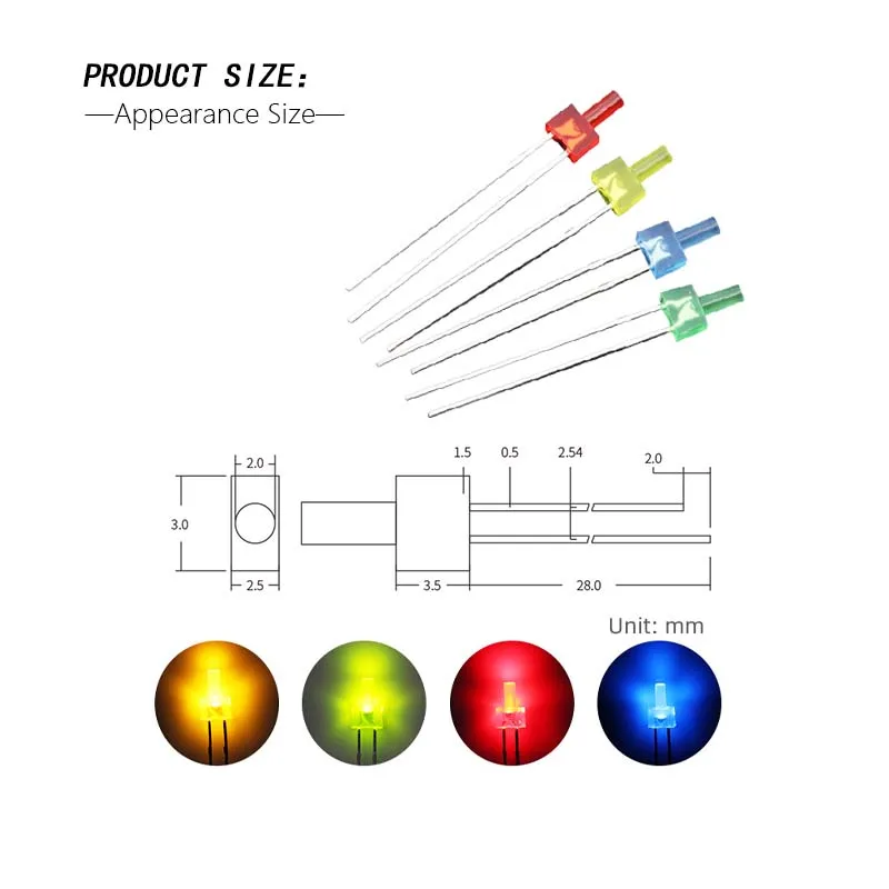 High 2MM Flat Head LED Lamp Beads Long Feet with Red Blue Yellow Plain Green Lights Direct Plug LED Products