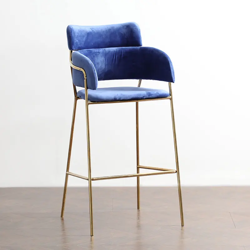 Luxury Nordic Home Furniture Metal Frame Fabric Soft Cushion Luxury High Chair Bar Stool With Back Footrest