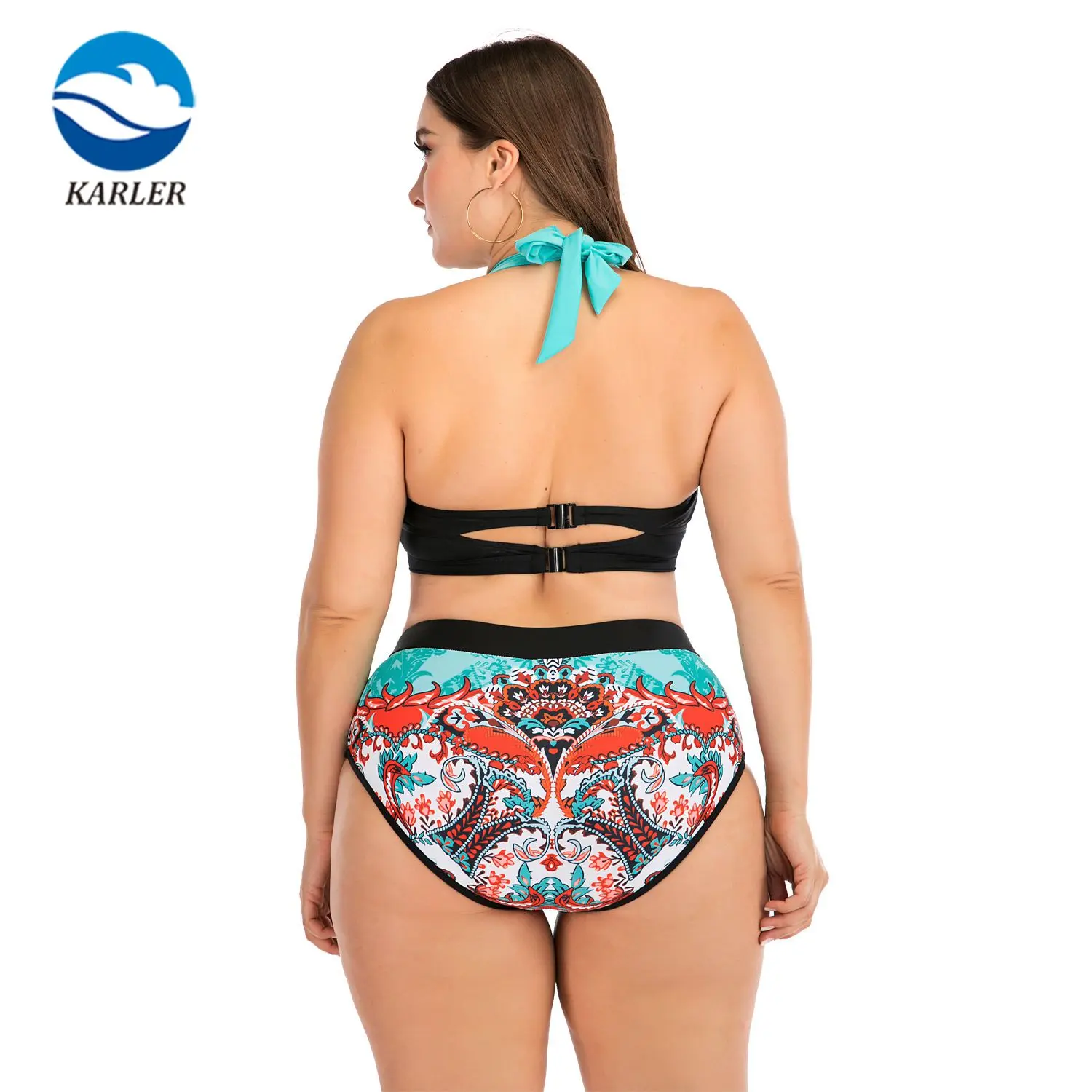 In Stock Women Beach Bikini Push Up Straps V Neck Two Pieces Retro Green Tie Back High Rise Female Plus Size Swimsuit
