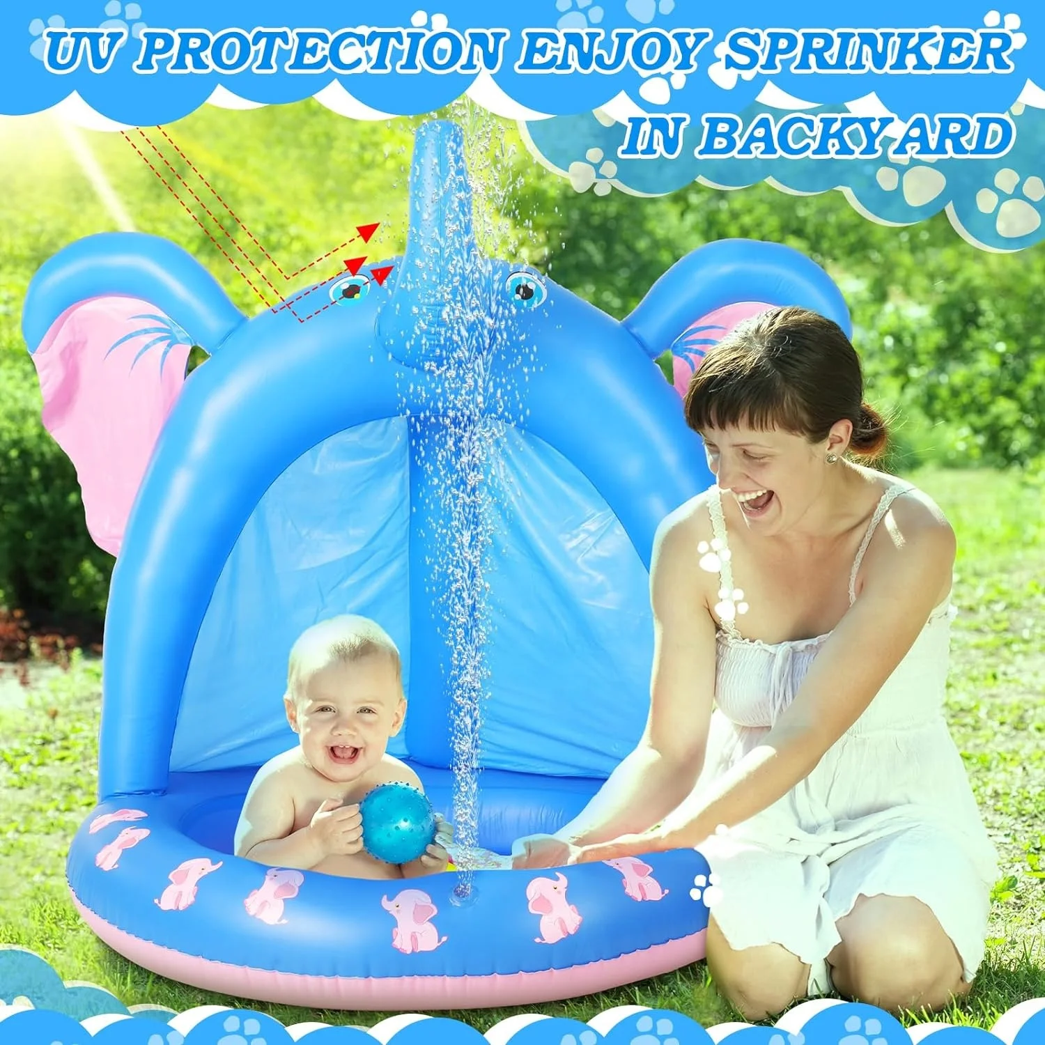 47 Inches Baby Pool with Canopy Elephant Inflatable Baby Swimming Pool with Soft Floor Bottom and  Water Sprinkler