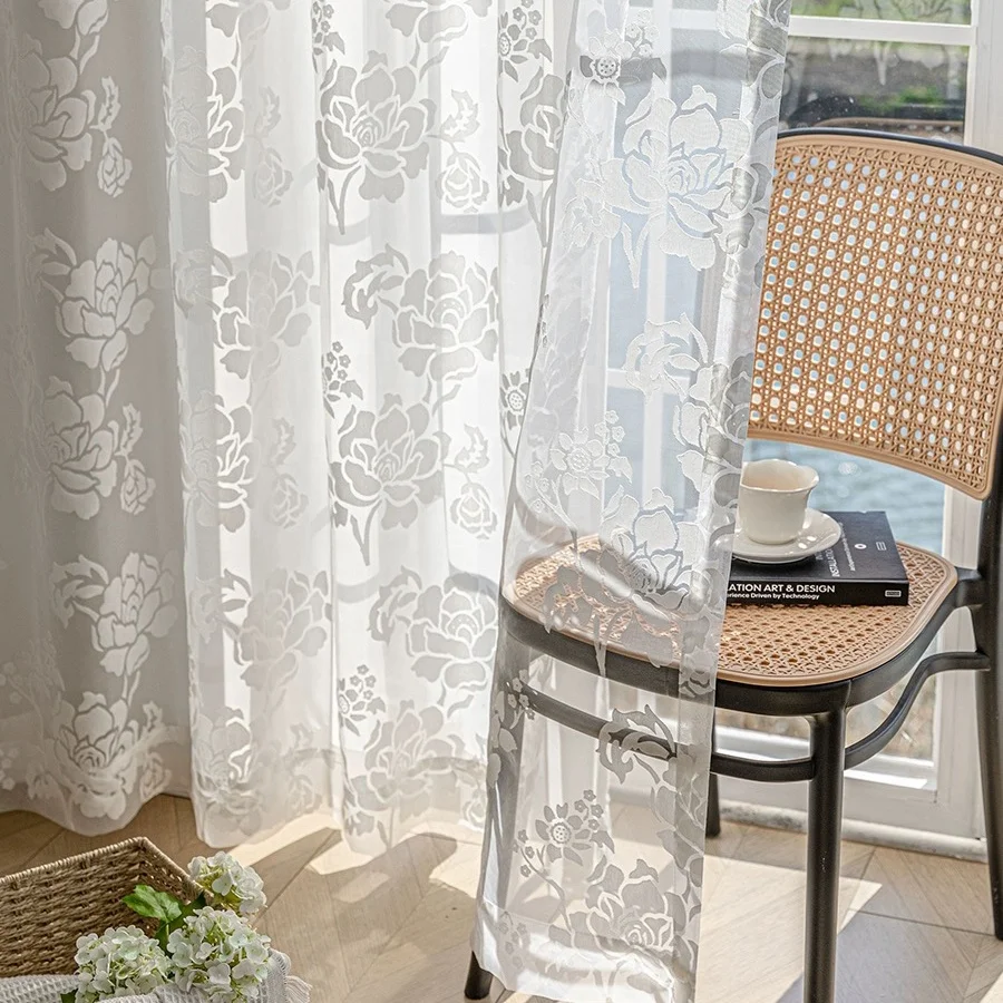 wholesale elegant living room bedroom hotel luxury pastoral burnout printing flower white sheer window curtains for home