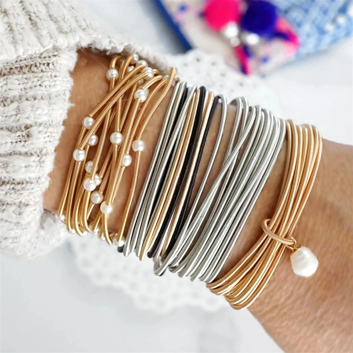 Personalized Wholesale Lucky Minimalist Colorful Stacking Stainless Steel Stretch Guitar String Bracelet