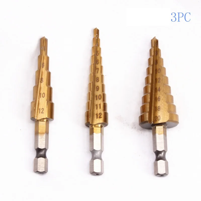 Good Quality HSS Power Tools HSS Wood Metal Drilling 3PC Titanium Step Drill Bits 4-12mm 3-12mm 4-20mm