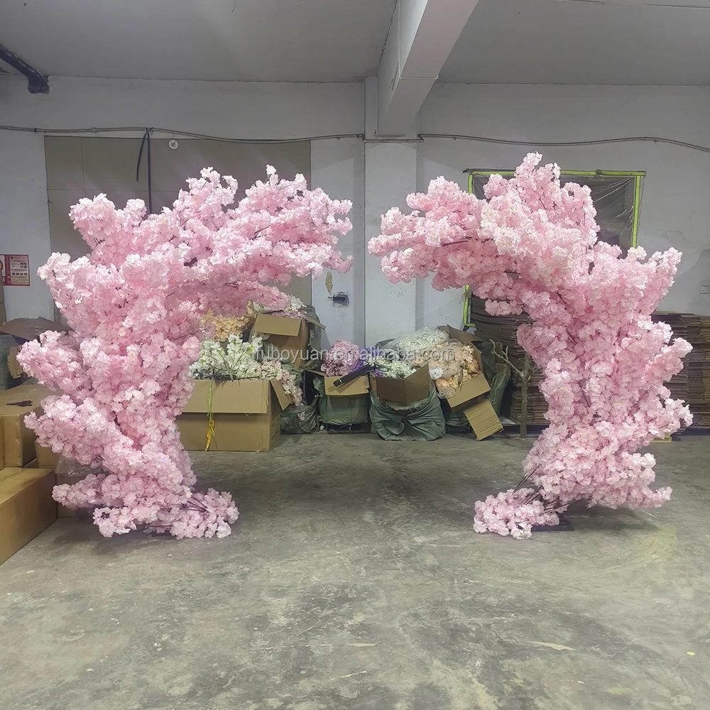 F36 Outdoor restaurant stage back drop fake sakura flower trees plant artificial white wedding faux cherry blossom arch for sale