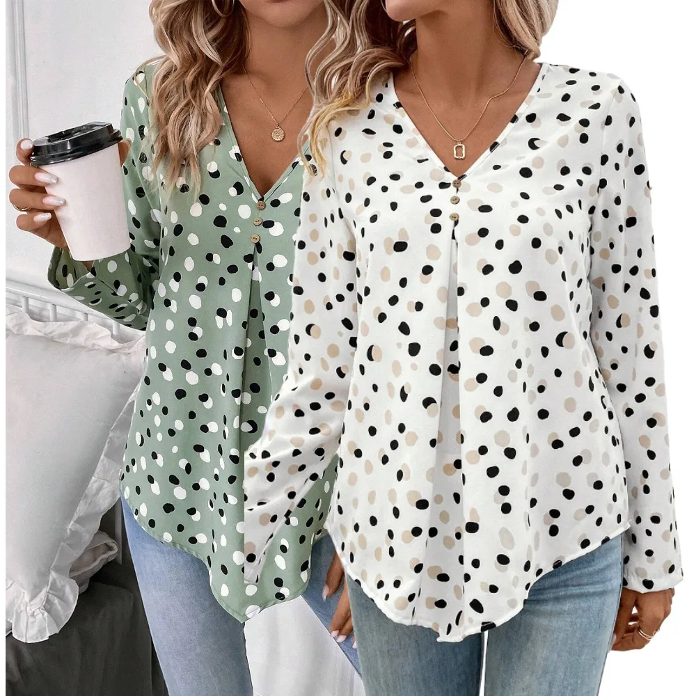 2024 Shewin boutique women clothing wholesale custom Logo long sleeve White Green Polka Dot Print Button Front V Neck Blouse