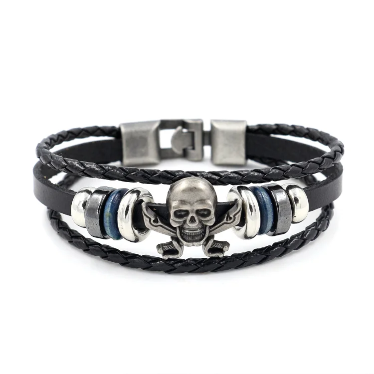 Gothic Style Jewelry Punk Alloy Skull Head Multilayer Leather Beaded Braided Bangles Bracelets for Men