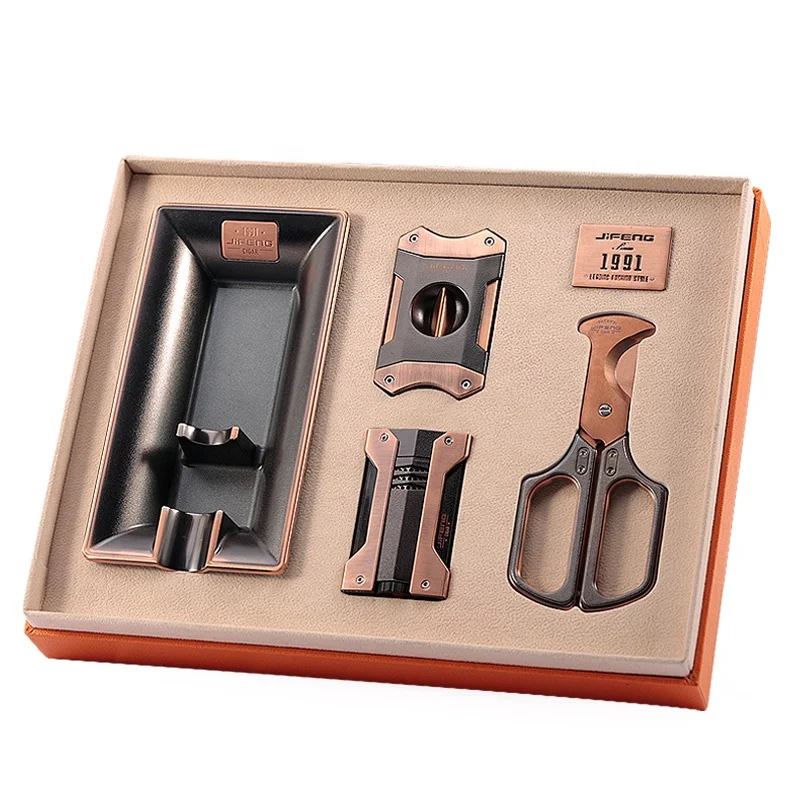 JIFENG JF-TZ252 new technology Luxury classic 4 in 1 Cigar Accessories Gift Set with Cigar Cutter ashtray sets