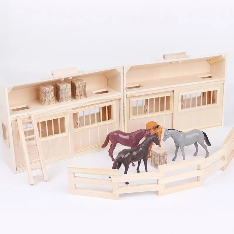 Wooden Educational Toys BSCI factory Wooden horse stable dollhouse Toy with handle and toy horse