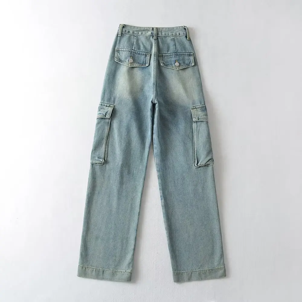 Accordion Pocket Pants Vintage Cago Jeans Straight Leg Womans Washed Denim High Waist Cargaison Pantalons Ladies Woven Softener