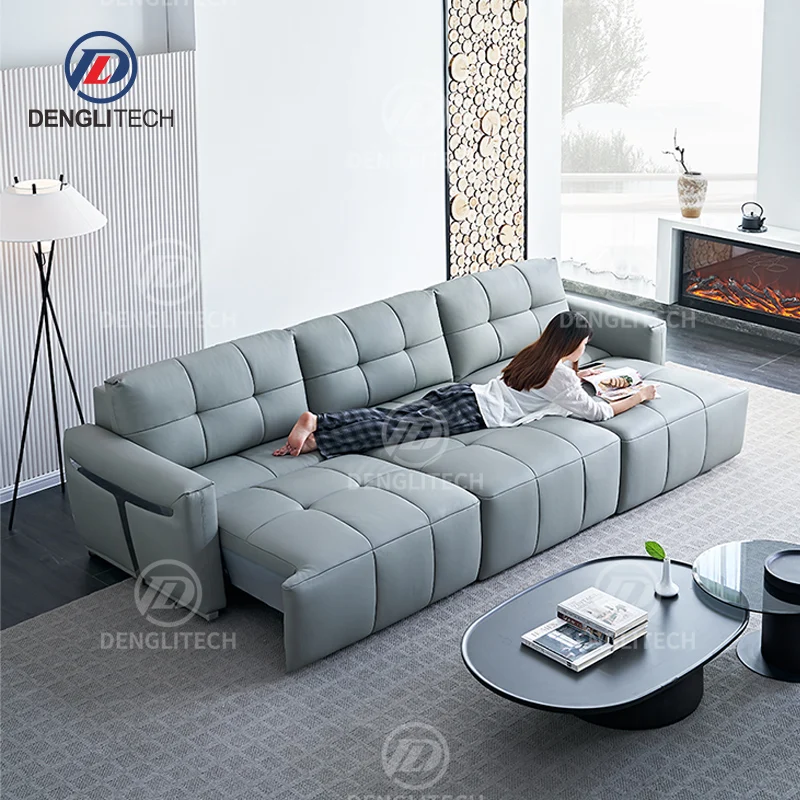 Modern High End Genuine Leather Functional Living Room Sofa Set Furniture 3 Seater Electric Extendible Recliner Sofa Bed