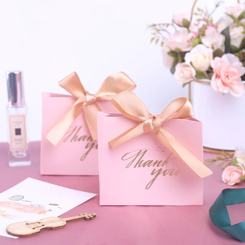 Custom Thank You Small Marble Rose Pink Green Favor Paper Gift Bag With Ribbon Bow