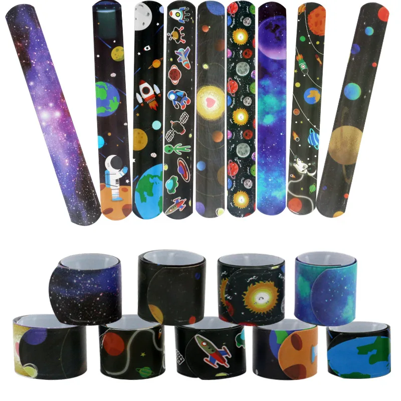 10pcs Space Party Birthday Planet Astronaut Alien Slap Bracelets Snap Bands for Kids Party 1st Boy Birthday Party Kids Gift
