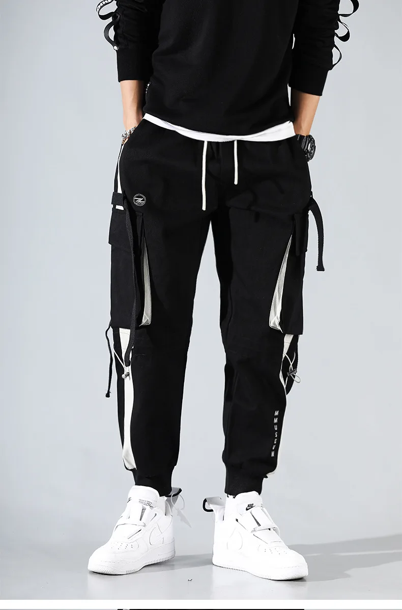 YiXin 2023 Men Cargo Pants Pocket Track Joggers Hip Hop Joggers Male Sweatpants Ribbons Men Cargo Jogger Pants Black Cargo Pants
