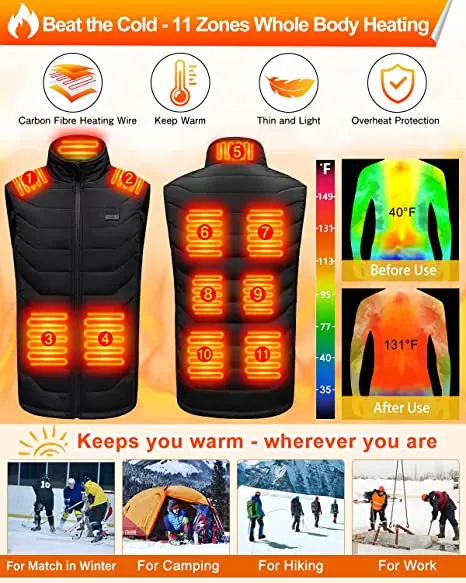Heated Jacket 11 Zones USB Rechargeable Battery Electric Heated Vest with adjustable zipper side
