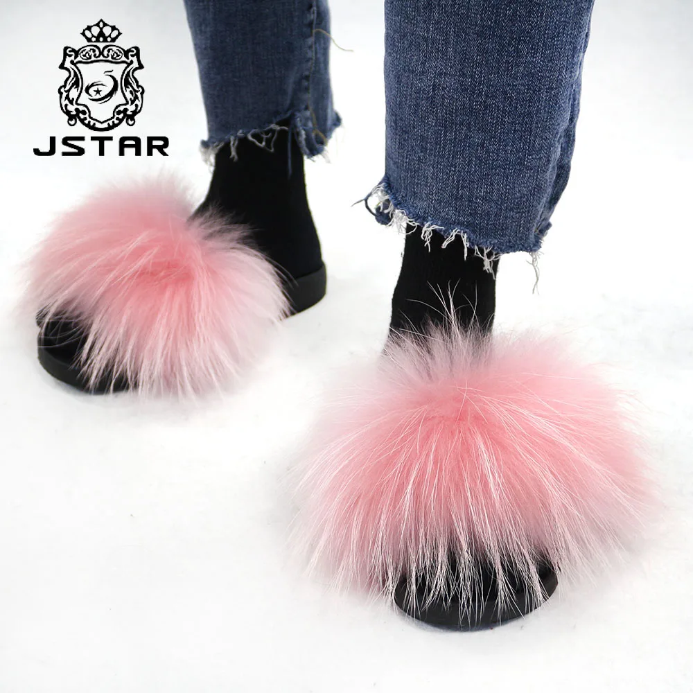 Wholesale women fur slippers furry slippers real fur sandals raccoon fur slides