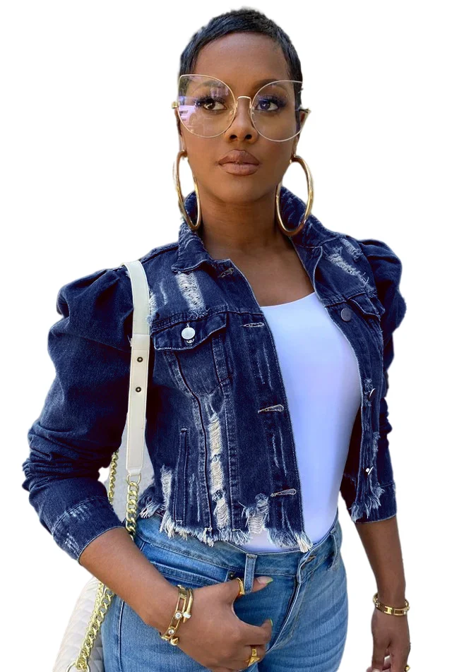 Wholesale Fashion Puff Sleeve Ladies Denim Jacket Women Coat Casual Ripped Holes Womens Jean plus size