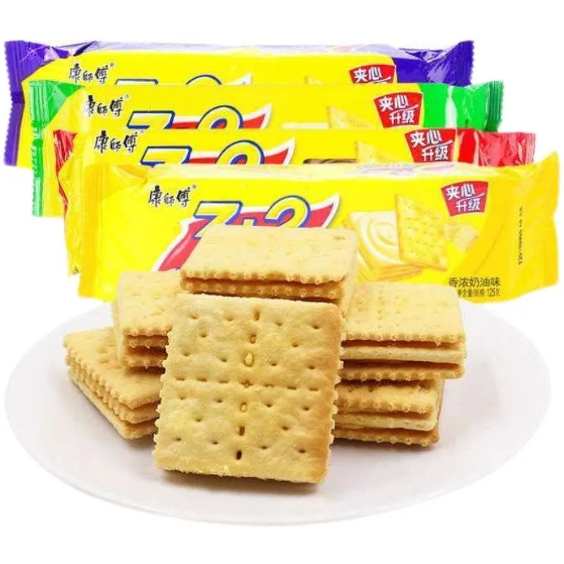 Master Kong 3+2 soda sandwich biscuits 125g*24 bags full box of sweet cream comb cake Internet celebrity breakfast snacks