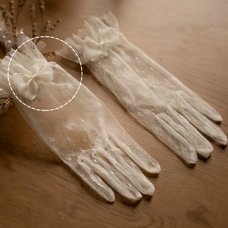 Bridal wedding gloves Vintage lace bow short mesh high touch pearl dress travel shoot beautiful wedding gloves