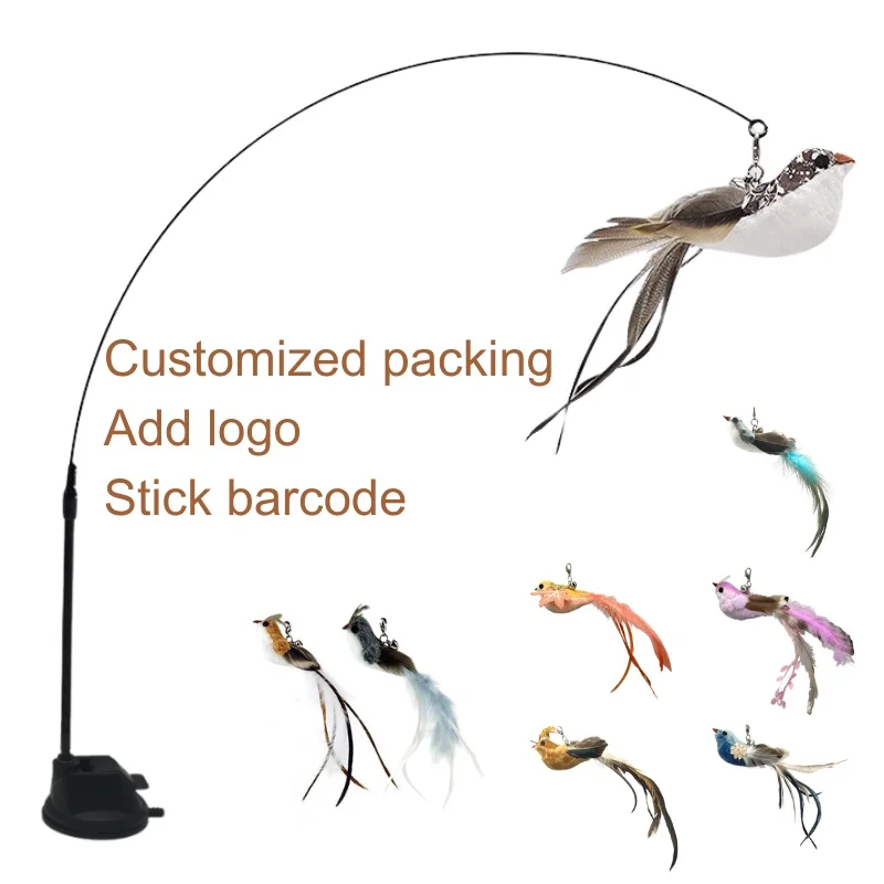 OEM Factory Cat Teaser  Eco-Friendly Steel Wire Pet Changeable Suction Cup Simulation Bird Rotating Feather Stick Cat Toy