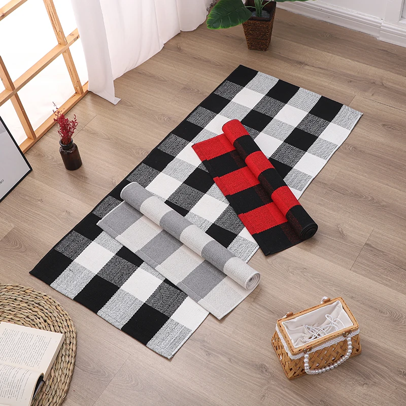 Cotton hand-woven Buffalo plaid rugs with classic black, grey, white check pattern, environmental protection fabric