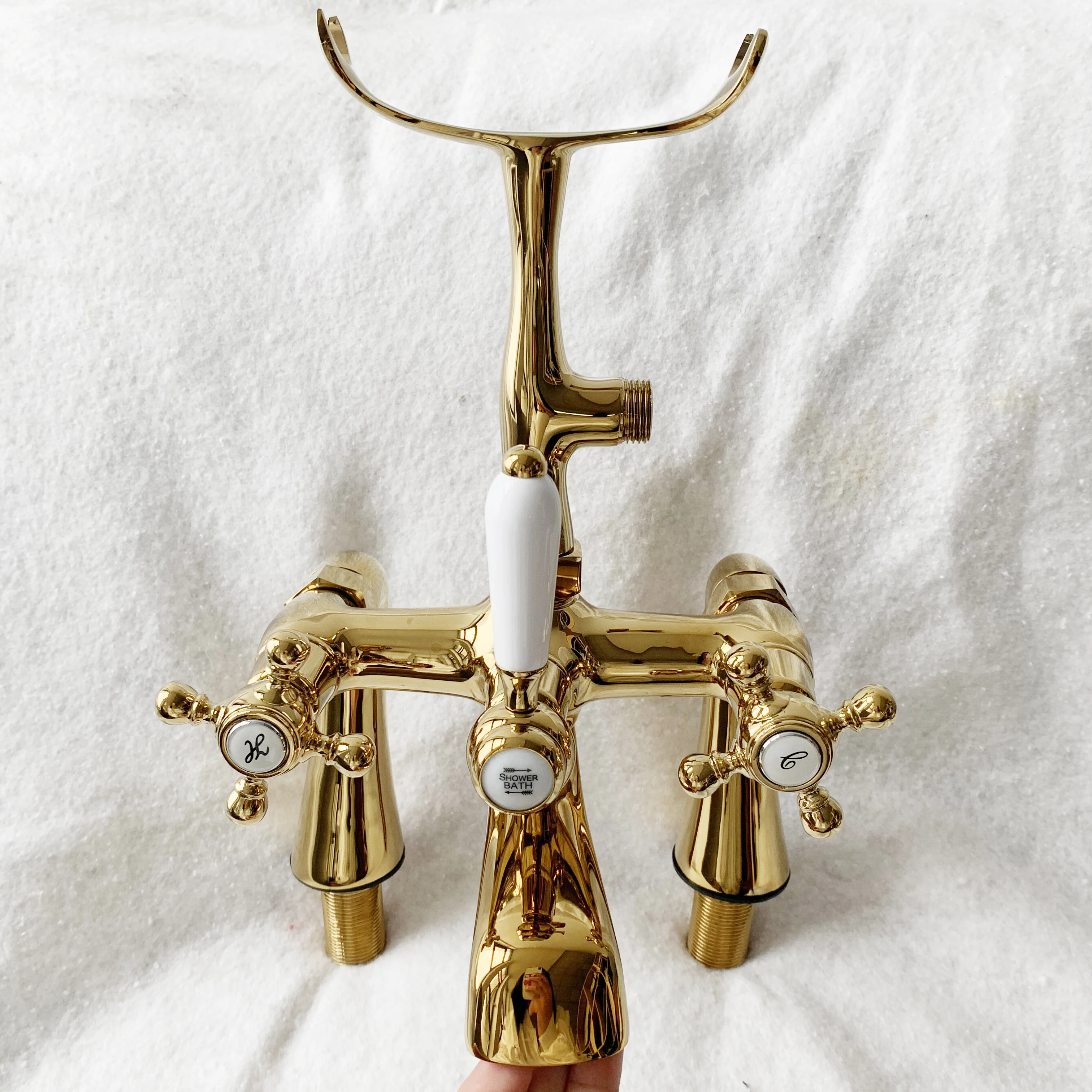 solid brass gold electroplated bath tub deck-mount faucet for 7 inch tap hole distance with ceramic handles