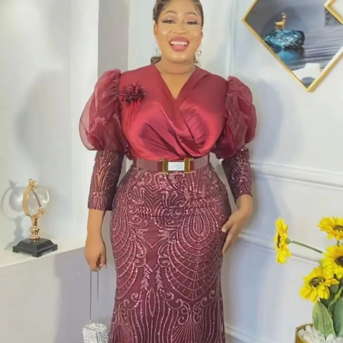 2023 African Dresses For Women Spring Long Sleeve Fashion Sequins Maxi Dress Africa Clothing Straight evening Fit Dresses