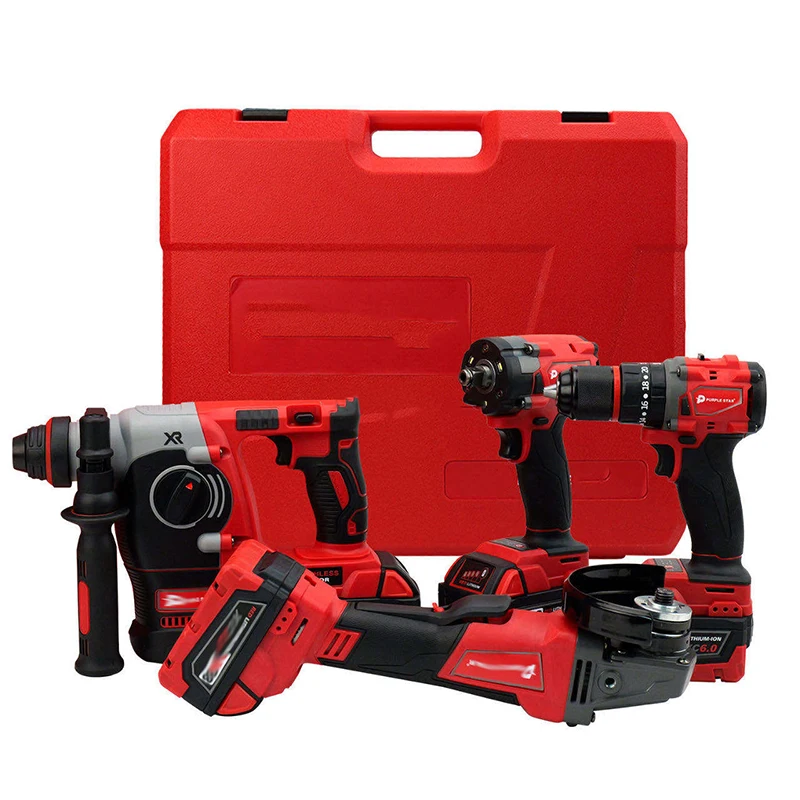 Red 10 In 1 Brushless Cordless Tool Set 4 Piece Hammer Drill Impact Wrench Angle Grinder 4 Batteries OEM Power Drills