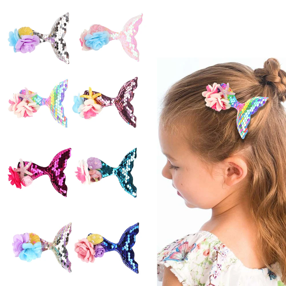 5 Inch New Style Accessories Kids Girls Star Hair Pins Cute Cartoon Barrettes Sequin Mermaid Tail Hair Clips