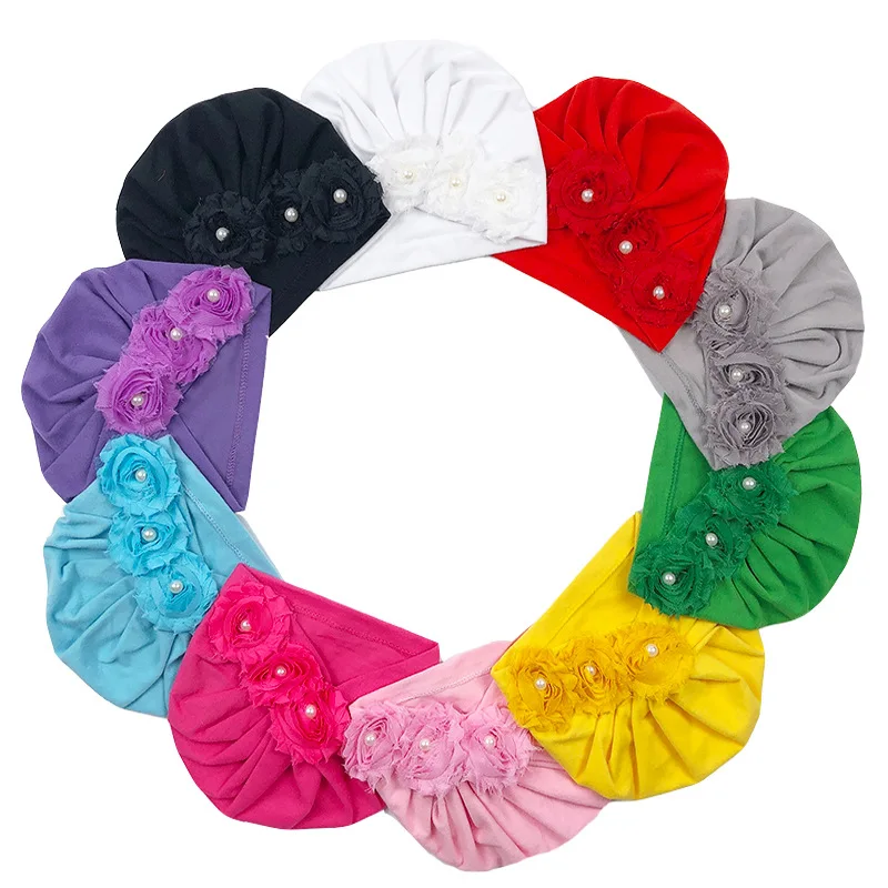 Flower Design Baby Turban Hats Solid Color Soft Cloth Caps for Newborn Baby Girls